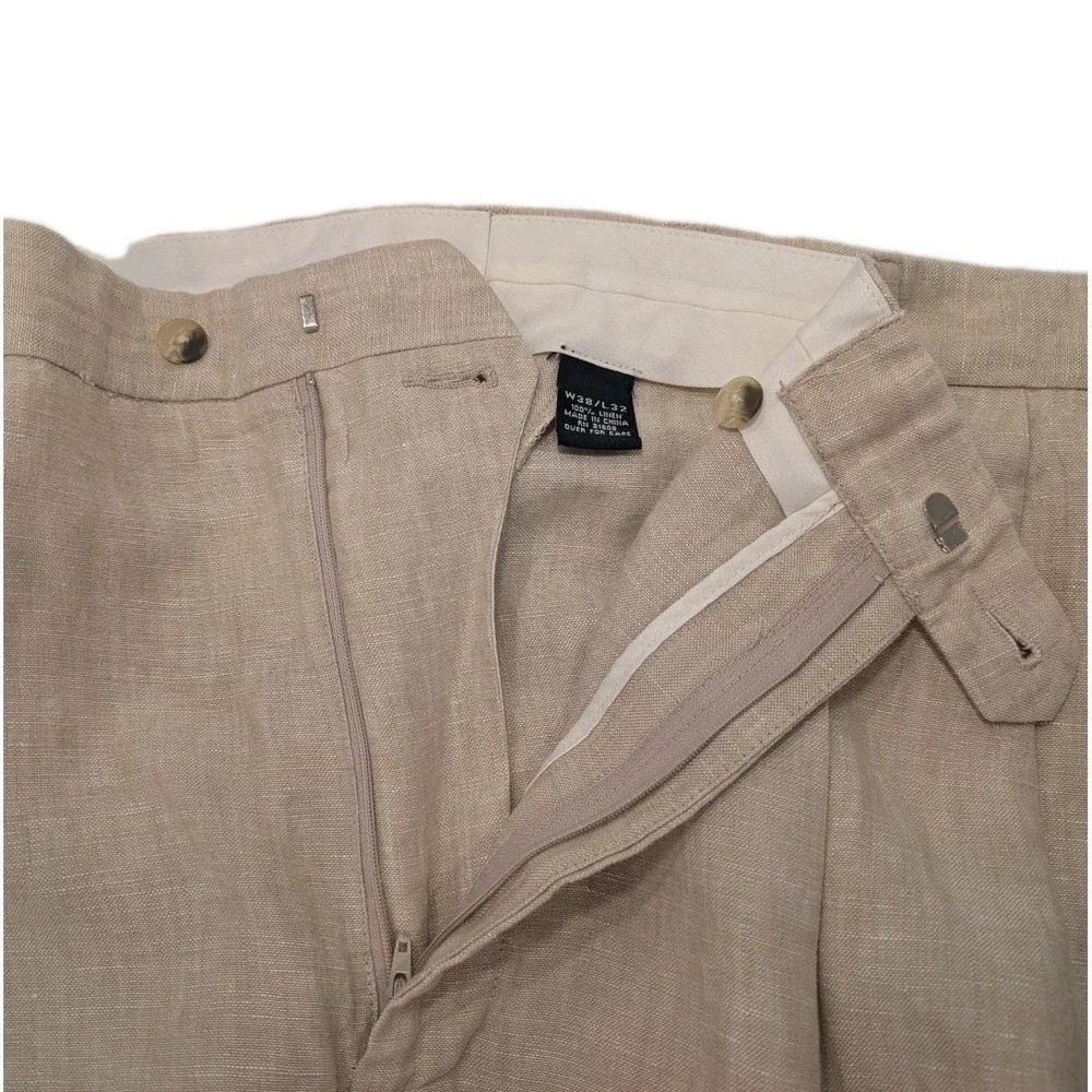 Jos A‎ Bank 38x32 Khaki 100% Linen Travelers Pleated Cuffed Mens Pants